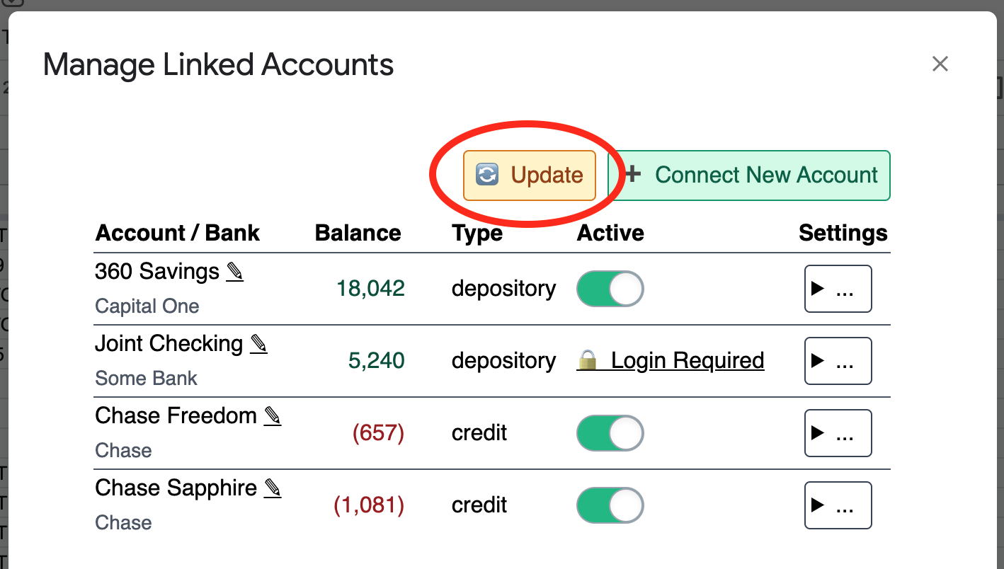New Update Button on the Manage Accounts Screen