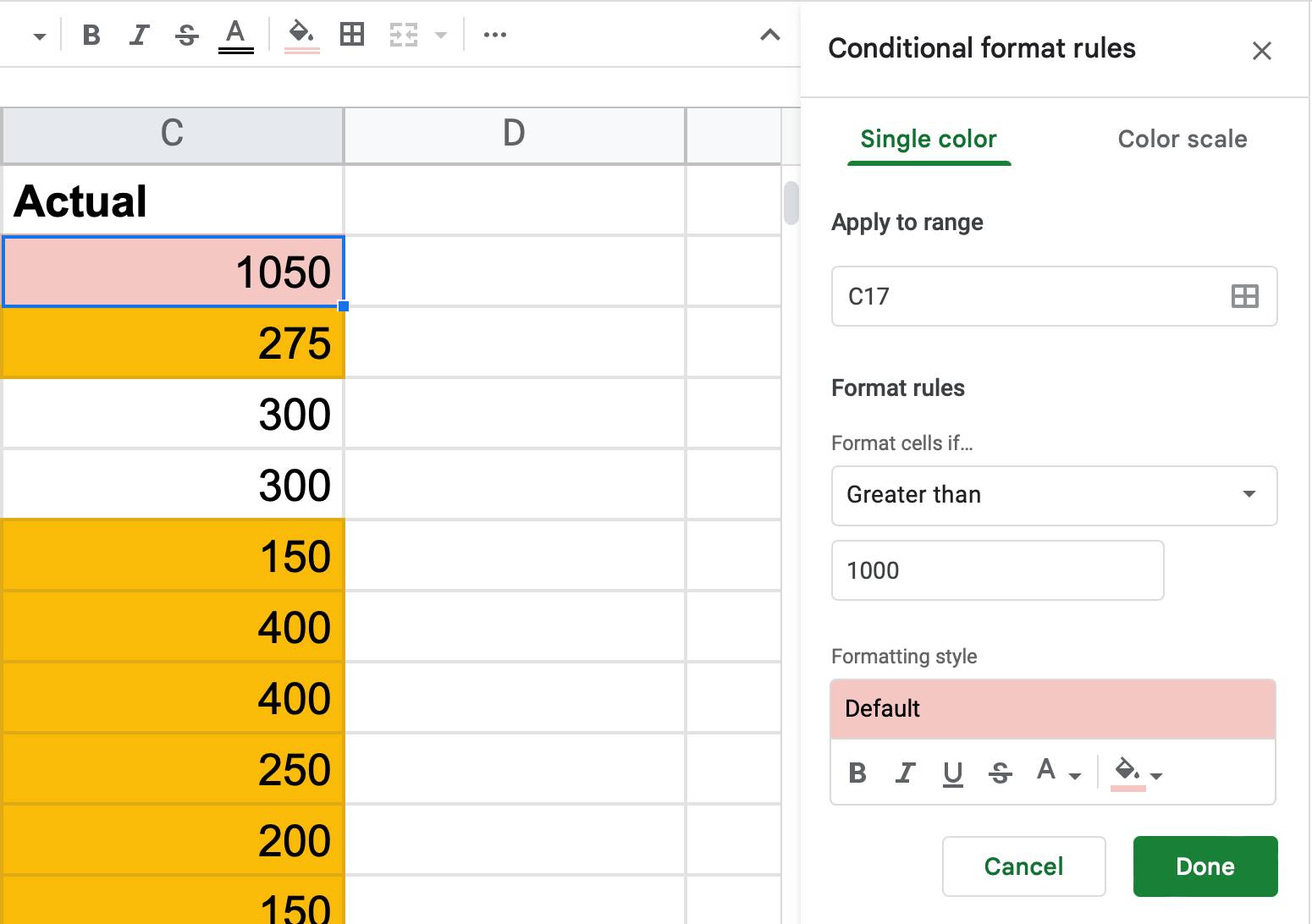 Example conditional formatting for budgeting with irregular
income
